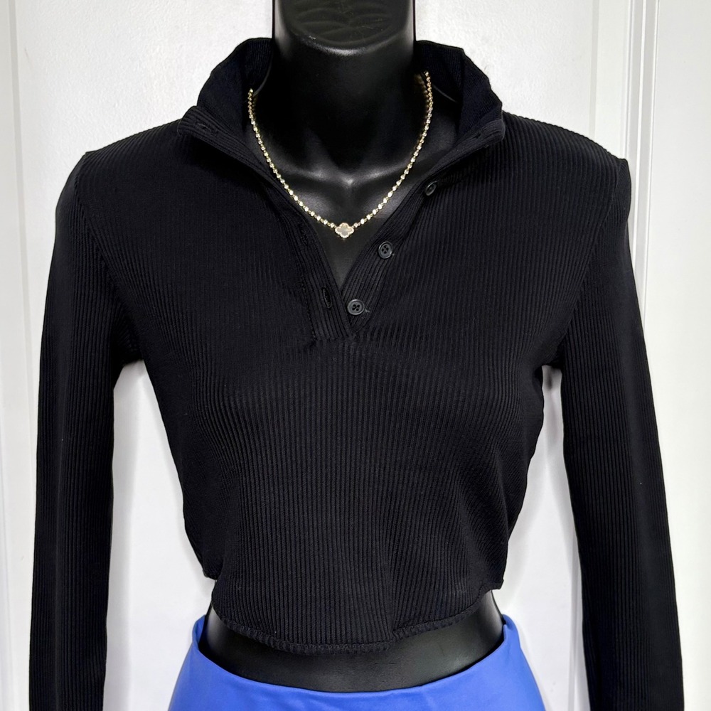 NEW Zara Womens Ribbed Cotton Long Sleeve Polo Cropped Top Black Size Medium